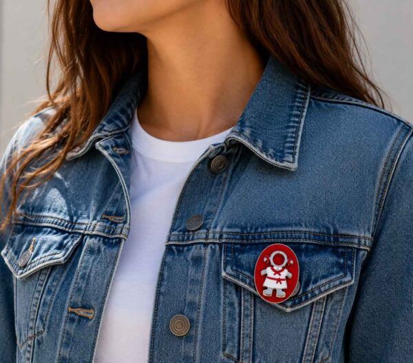 Broche Pamplonica pintado a mano colocado en el bolsillo de una cazadora vaquera. Diseño exclusivo de Turquesa y Más inspirado en San Fermín, Pamplona y la colección Rojo y Blanco de Colores de mi Tierra.