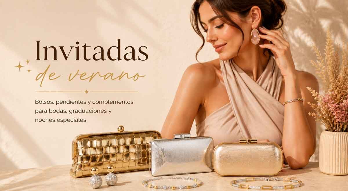 Banner Invitadas de Verano de Turquesa y Más con bolsos de fiesta, pendientes y complementos para bodas y eventos